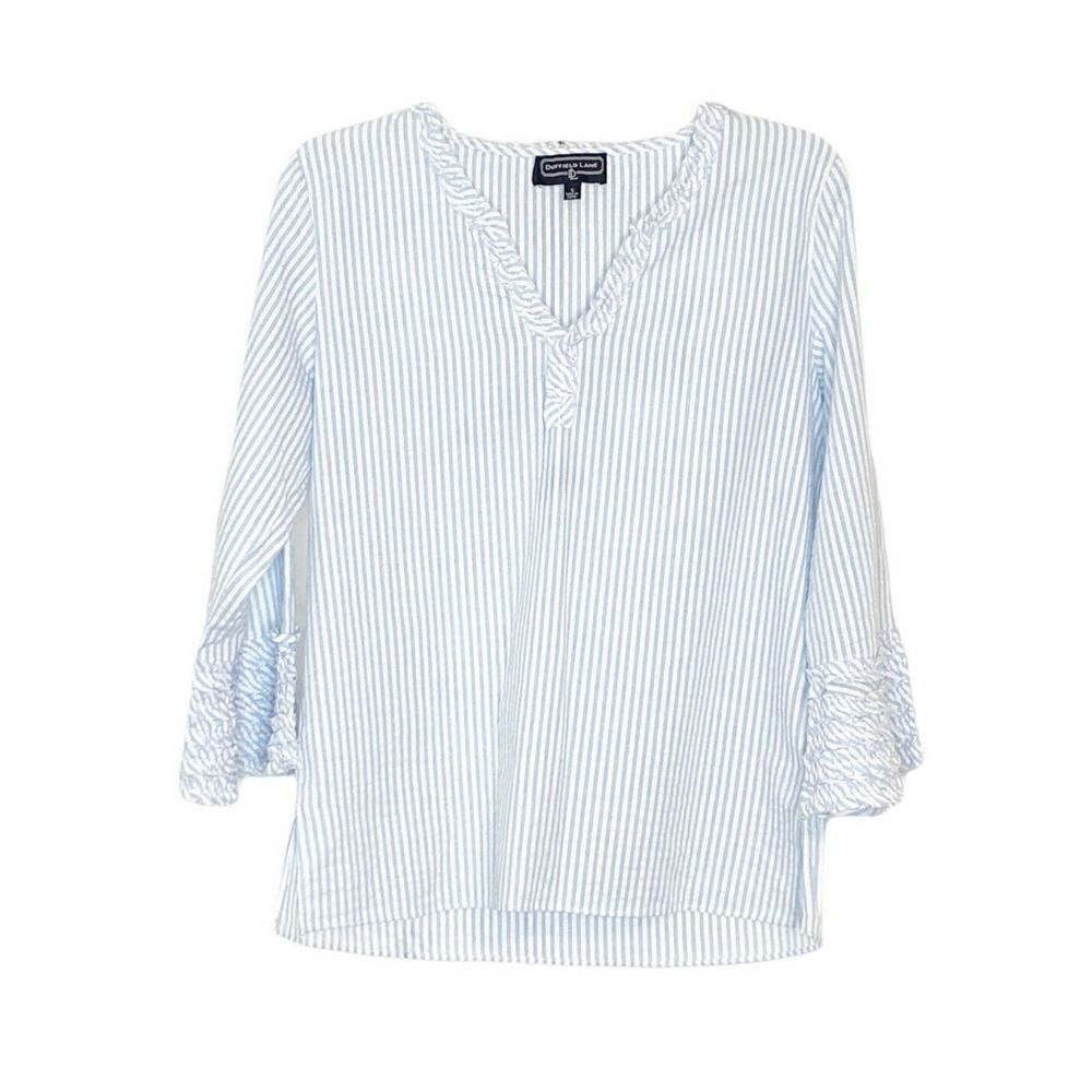 Duffield Lane Women’s Blue White Seersucker 3/4 Ruffle Sleeve Blouse Size Small